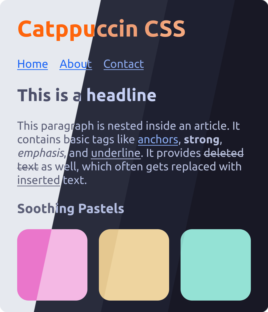 Composite preview image showing a basic HTML page spanning across all four different pastel themes including light and dark modes.